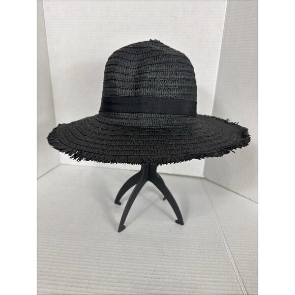 Fashion Hat Woven Fringed Sun Hat Grosgrain Ribbon Band Black NWT 9037 - Picture 8 of 14